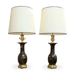 Pair of porcelain lamps, floral and bird decoration