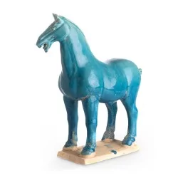 \"Tang Horse\" sculpture in terracotta, turquoise color.