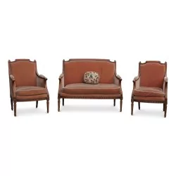 Louis XV \"Au ruban\" walnut living room including 1 sofa and 2 armchairs