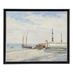 Tableau "Quai de Genève et déchargement de bois" signé Louis Amédée Baudit
