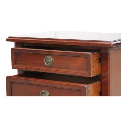 Chevet directoire en merisier, patine antiquaire, 3 tiroirs.