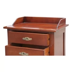 Directoire bedside table in cherry wood, antique patina, 3 drawers, top with risers.