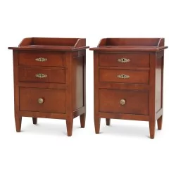 Directoire bedside table in cherry wood, antique patina, 3 drawers, top with risers.