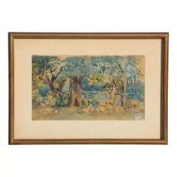 Aquarell \"Terrasse unter Bäumen\". Datiert 1921.