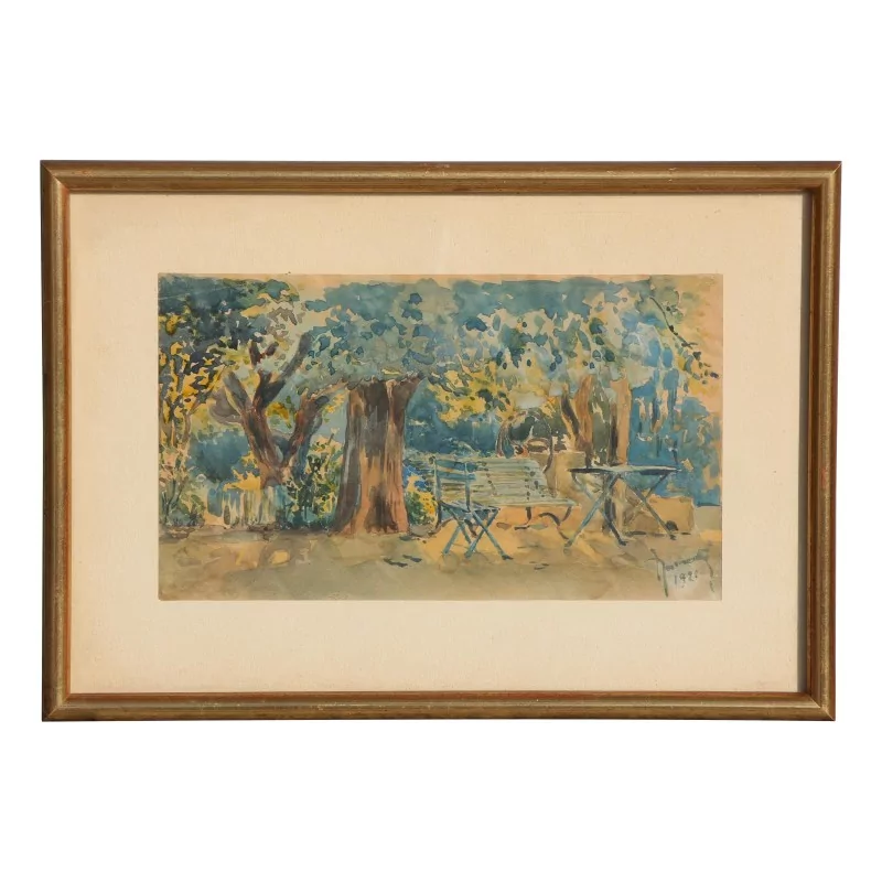 Aquarell \"Terrasse unter Bäumen\". Datiert 1921. - Moinat - Gemälden - Landschaften Aquarell \"Terrasse unter Bäumen\". Datiert 1921. - Moinat - Gemälden - Landschaften