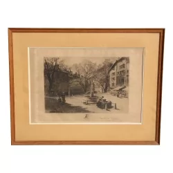 Etching of a square in Geneva signed Rodolphe Piguet (1840-1915).