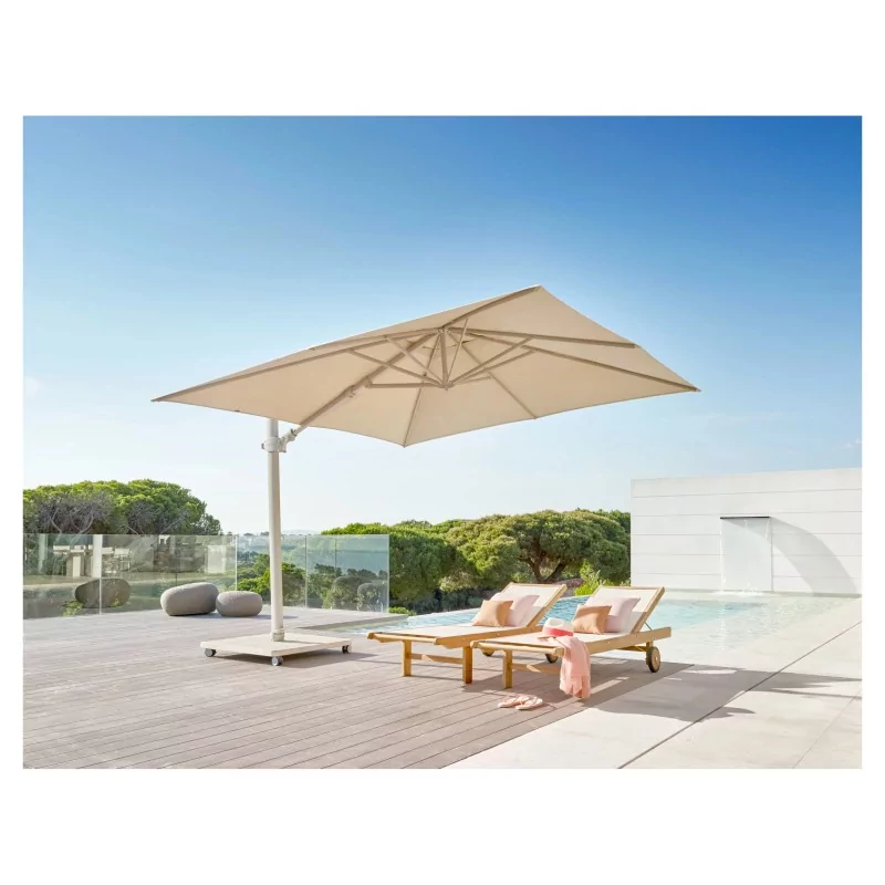 \"Antego\" 遮阳伞采用砂岩底座、铝制结构和棉质帆布。 - Moinat - Arbours, Parasol