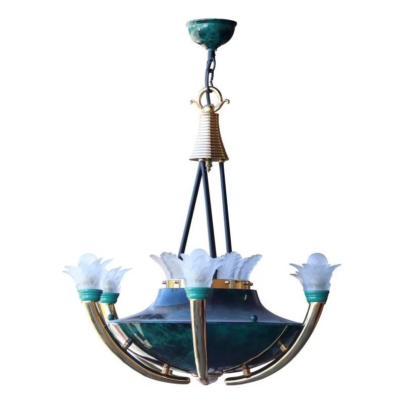 Grüner Kronleuchter aus Bronze, lackiertem Blech und Glaskugeln - Moinat - Deckenleuchter Grüner Kronleuchter aus Bronze, lackiertem Blech und Glaskugeln - Moinat - Deckenleuchter