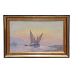 Tableau "Vue sur le Léman, voile" signé Albert Gos (1852-1942).