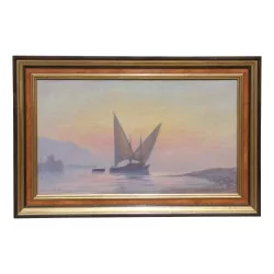 Painting \"View of Lake Geneva, sail\" by Albert Gos (1852-1942).